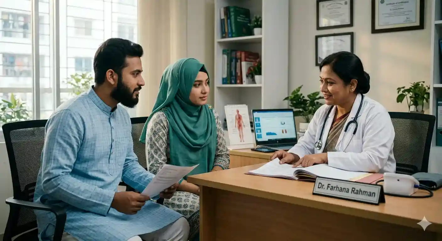 ডাঃ ফারহানা রহমানের চেম্বারে চিকিৎসার জন্য আসা এক দম্পতি।