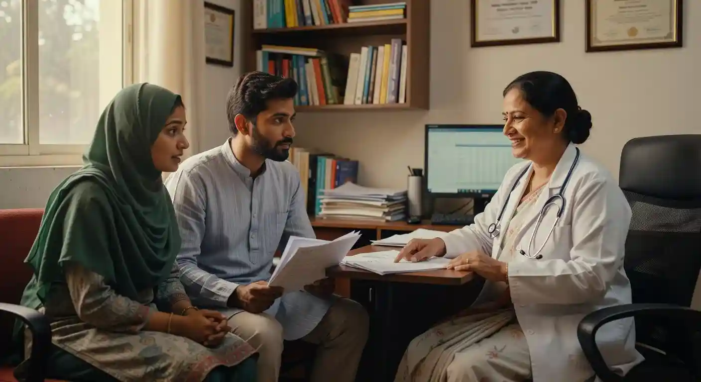 একজন মহিলা ফার্টিলিটি ডাক্তারের সাথে পরামর্শ করছেন একজন মুসলিম দম্পতি।